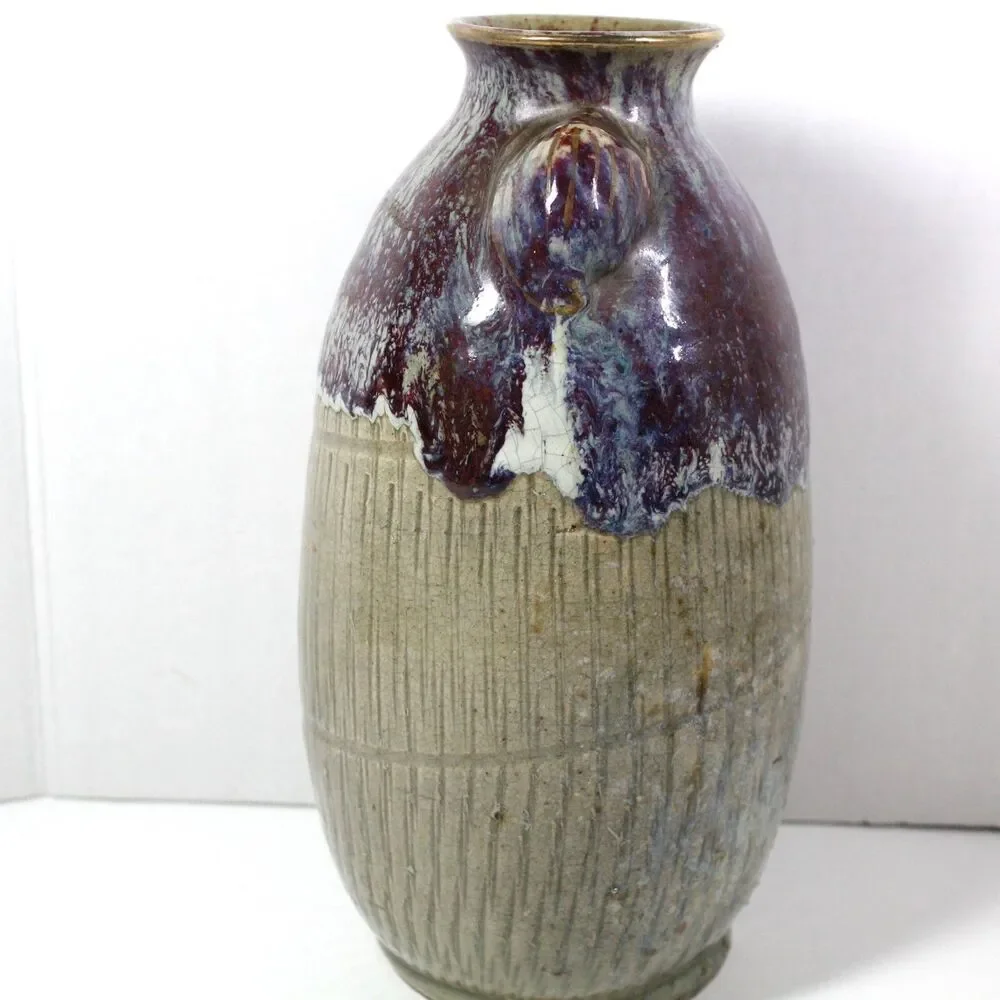 Gold Horse Design Pottery Vase Ribbed with Ears Drip Glaze over Crackle